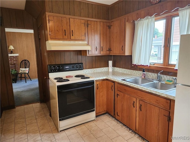 123 Roseland Ave, Ridgeway, NY 14103 - kitchen with range with electric stovetop, custom exhaust hood, light countertops, wooden walls, and freestanding refrigerator
