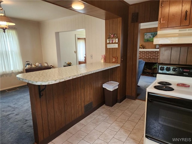 123 Roseland Ave, Ridgeway, NY 14103 - kitchen with white electric range oven, under cabinet range hood, light countertops, a peninsula, and a kitchen bar