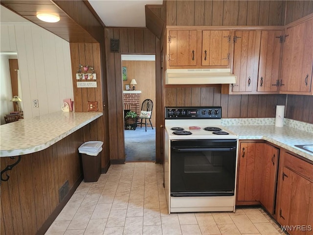 123 Roseland Ave, Ridgeway, NY 14103 - kitchen featuring under cabinet range hood, electric range, light countertops, brown cabinetry, and wooden walls