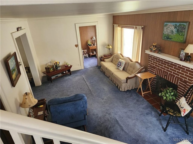123 Roseland Ave, Ridgeway, NY 14103 - living area featuring carpet, a brick fireplace, and ornamental molding