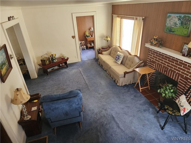 123 Roseland Ave, Ridgeway, NY 14103 - living room featuring carpet, ornamental molding, and a brick fireplace