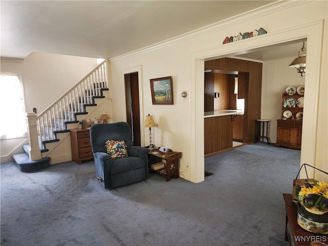 123 Roseland Ave, Ridgeway, NY 14103 - carpeted living area featuring stairway and crown molding