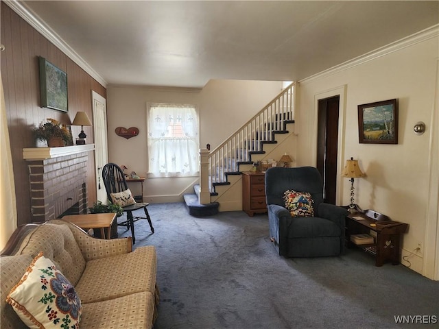 123 Roseland Ave, Ridgeway, NY 14103 - carpeted living room featuring crown molding and stairs