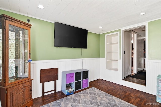101 Barnsdale Ave, West Seneca, NY 14224 - unfurnished living room with built in features, wainscoting, wood finished floors, recessed lighting, and crown molding