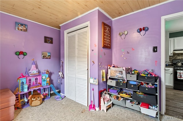 101 Barnsdale Ave, West Seneca, NY 14224 - recreation room with ornamental molding, carpet, and wooden ceiling