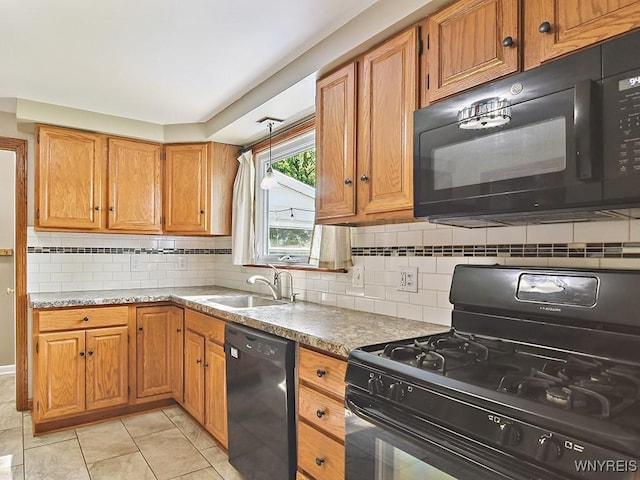 149 Ava Ln, Amherst, NY 14221 - kitchen with black appliances, backsplash, brown cabinets, and light tile patterned flooring