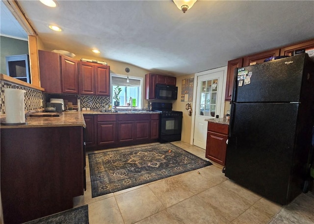 37 Pulaski St, Auburn, NY 13021 - kitchen featuring black appliances, tasteful backsplash, recessed lighting, dark brown cabinets, and light tile patterned flooring