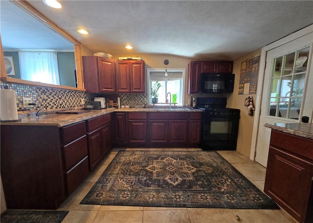 37 Pulaski St, Auburn, NY 13021 - kitchen featuring black appliances, backsplash, recessed lighting, dark brown cabinets, and light tile patterned floors