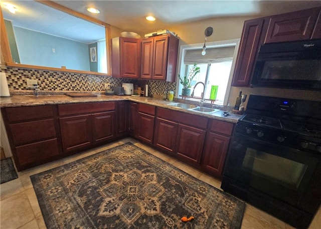 37 Pulaski St, Auburn, NY 13021 - kitchen with black appliances, decorative backsplash, recessed lighting, and tile patterned flooring