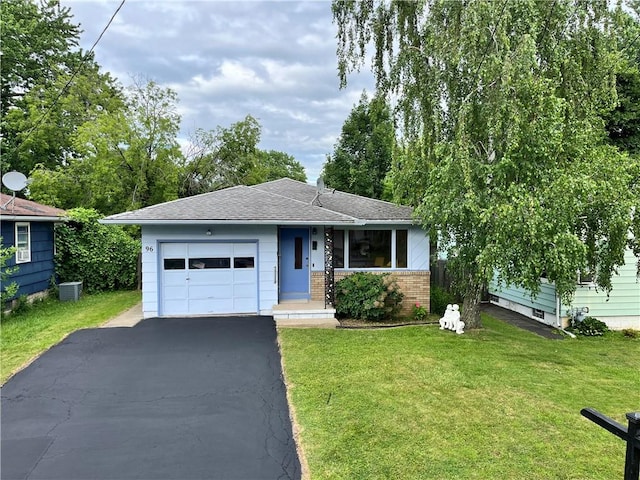 96 Vinal Ave, Irondequoit, NY 14609 - view of front facade with a garage, asphalt driveway, a front yard, and brick siding