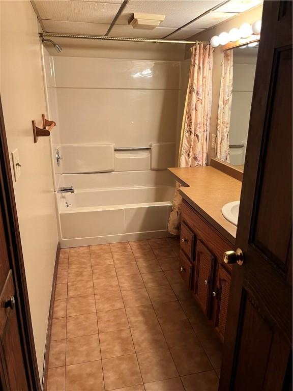96 Vinal Ave, Irondequoit, NY 14609 - full bathroom featuring shower / bath combo, vanity, and tile patterned floors