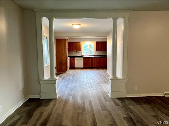152 W Cayuga St, Oswego, NY 13126 - kitchen with ornate columns, dishwasher, dark wood-style flooring, and dark brown cabinets