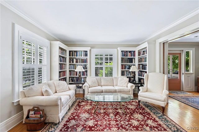 49 Academy St, Skaneateles, NY 13152 - living room featuring healthy amount of natural light, wood finished floors, ornamental molding, and built in features