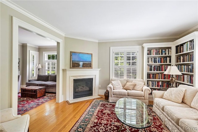49 Academy St, Skaneateles, NY 13152 - living room featuring ornamental molding, light wood-style floors, healthy amount of natural light, and a glass covered fireplace