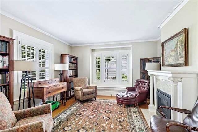 49 Academy St, Skaneateles, NY 13152 - living area featuring wood finished floors, crown molding, and a high end fireplace