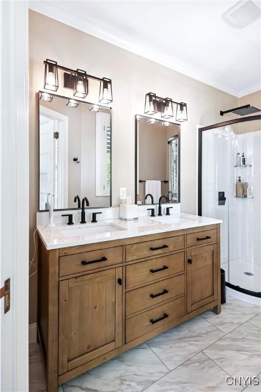 49 Academy St, Skaneateles, NY 13152 - full bath featuring crown molding, a shower stall, marble finish flooring, and double vanity
