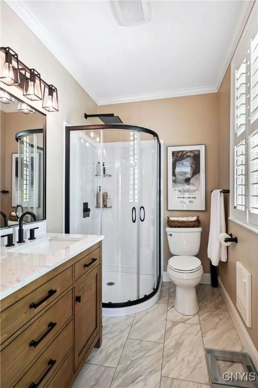 49 Academy St, Skaneateles, NY 13152 - full bath featuring a stall shower, crown molding, vanity, marble look tile flooring, and heating unit