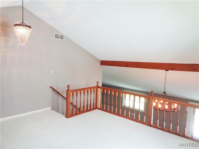 4315 Twilight Ln, Hamburg, NY 14075 - stairs featuring a chandelier, vaulted ceiling, carpet floors, and plenty of natural light