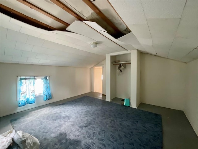 27 Chestnut Ave, North Dansville, NY 14437 - unfurnished bedroom with vaulted ceiling, dark colored carpet, and a closet