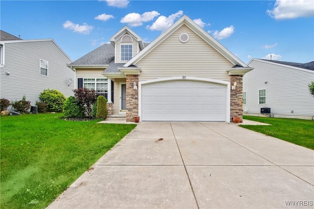25 Caspian Ct, Amherst, NY 14228 - view of front of home with stone siding, a front yard, concrete driveway, an attached garage, and a shingled roof