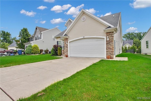 25 Caspian Ct, Amherst, NY 14228 - view of front facade with stone siding, a front yard, driveway, and an attached garage