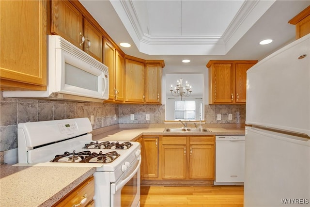 25 Caspian Ct, Amherst, NY 14228 - kitchen with white appliances, recessed lighting, light countertops, light wood-type flooring, and a raised ceiling