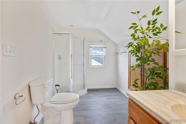 25 Caspian Ct, Amherst, NY 14228 - full bath with vanity, a stall shower, vaulted ceiling, and wood finished floors