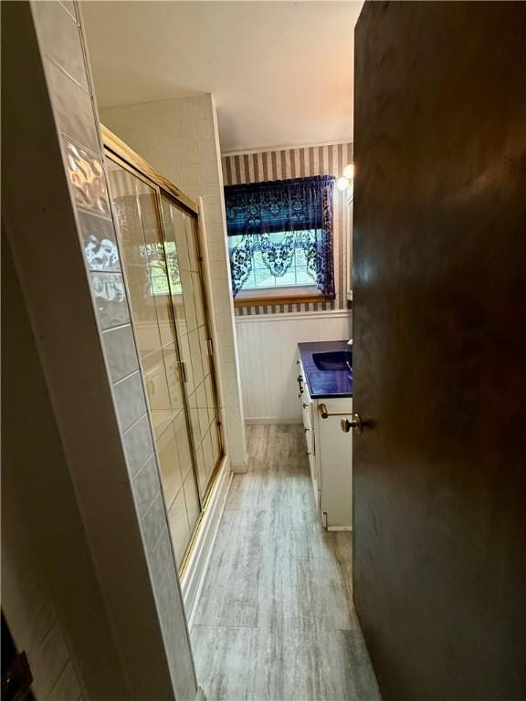 5 Riverside Ave, Oneonta, NY 13820 - bathroom featuring wood finished floors, vanity, and a shower stall