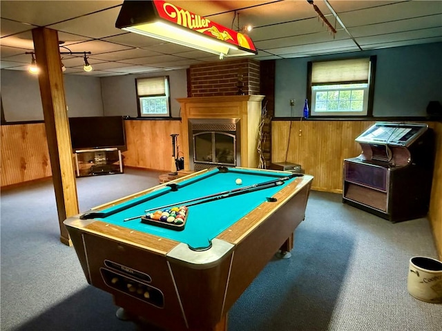 5 Riverside Ave, Oneonta, NY 13820 - recreation room featuring wood walls, wainscoting, carpet floors, a drop ceiling, and pool table