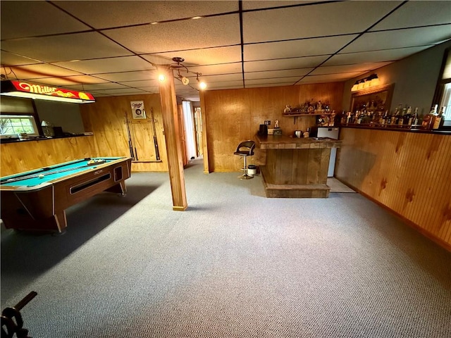 5 Riverside Ave, Oneonta, NY 13820 - indoor dry bar with wooden walls, carpet, a paneled ceiling, and billiards table