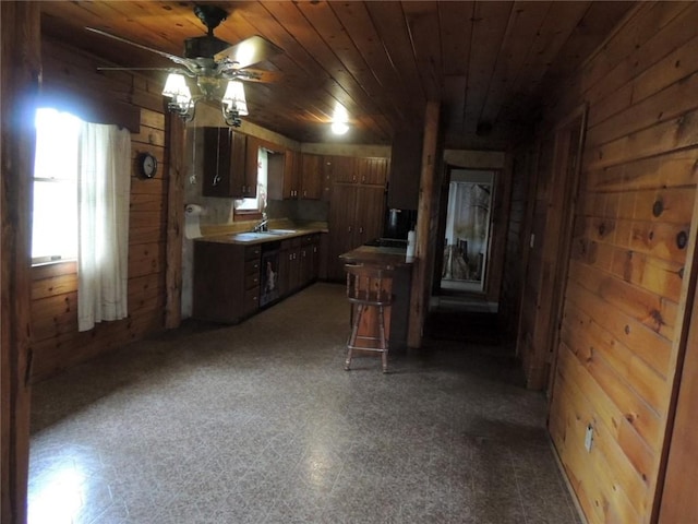 751 County Rd 17, Bainbridge, NY 13733 - kitchen featuring wood walls, a ceiling fan, wood ceiling, dark flooring, and light countertops