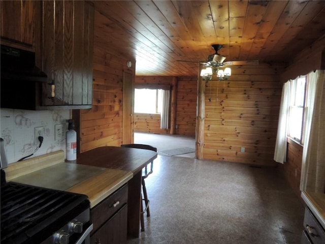 751 County Rd 17, Bainbridge, NY 13733 - kitchen featuring wood ceiling, stove, wooden walls, a ceiling fan, and ventilation hood