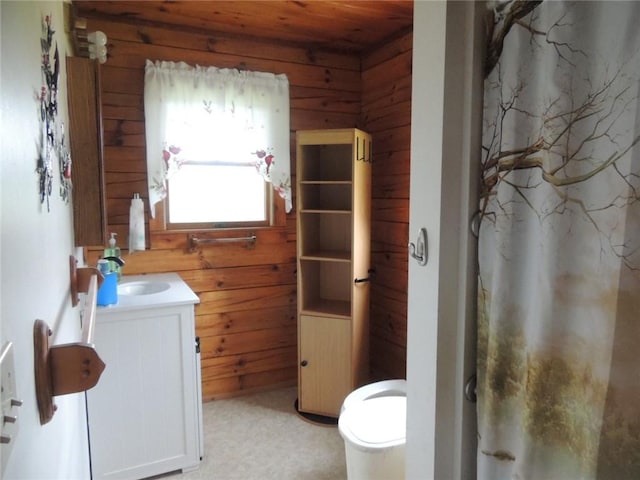 751 County Rd 17, Bainbridge, NY 13733 - bathroom featuring vanity, wood walls, a shower with curtain, and wooden ceiling