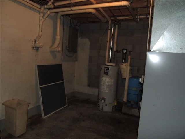 751 County Rd 17, Bainbridge, NY 13733 - unfinished below grade area with electric panel, gas water heater, heating unit, and a water pressure tank