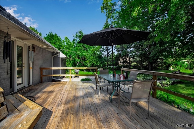 3410 Bullis Rd, Elma, NY 14059 - wooden terrace featuring outdoor dining area and view of scattered trees