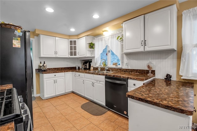 3410 Bullis Rd, Elma, NY 14059 - kitchen with dishwasher, freestanding refrigerator, white cabinets, light tile patterned floors, and recessed lighting