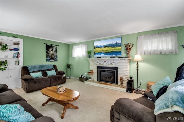 3410 Bullis Rd, Elma, NY 14059 - living room featuring ornamental molding, a fireplace, and carpet flooring