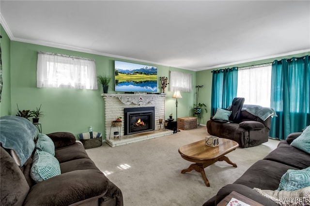 3410 Bullis Rd, Elma, NY 14059 - living room featuring crown molding, a brick fireplace, and carpet