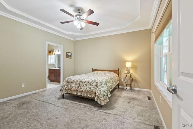 8449 Newbury Pl, Clay, NY 13041 - bedroom featuring carpet flooring, ornamental molding, ensuite bathroom, and ceiling fan