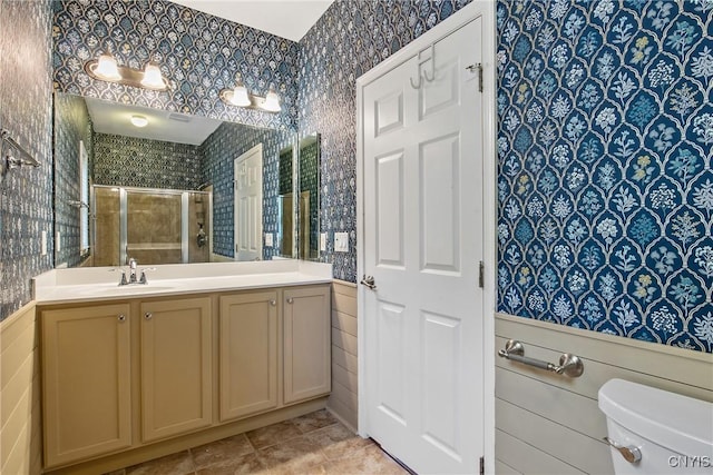 115 Shire Way, Camillus, NY 13031 - full bath featuring wallpapered walls, a stall shower, vanity, and a wainscoted wall