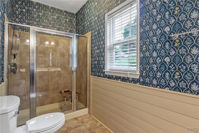 115 Shire Way, Camillus, NY 13031 - bathroom featuring tile patterned flooring, a stall shower, and wallpapered walls