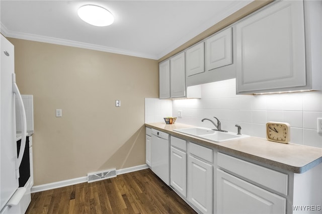 150 S Union Rd Unit 123, Amherst, NY 14221 - kitchen featuring white dishwasher, crown molding, backsplash, dark wood-style floors, and white cabinets