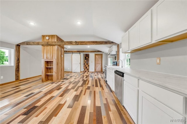 10655 Millers Rd, Yates, NY 14098 - kitchen featuring lofted ceiling, appliances with stainless steel finishes, white cabinetry, light wood-style floors, and recessed lighting