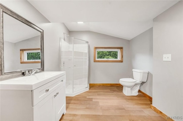 10655 Millers Rd, Yates, NY 14098 - full bath with lofted ceiling, vanity, wood finished floors, a stall shower, and healthy amount of natural light