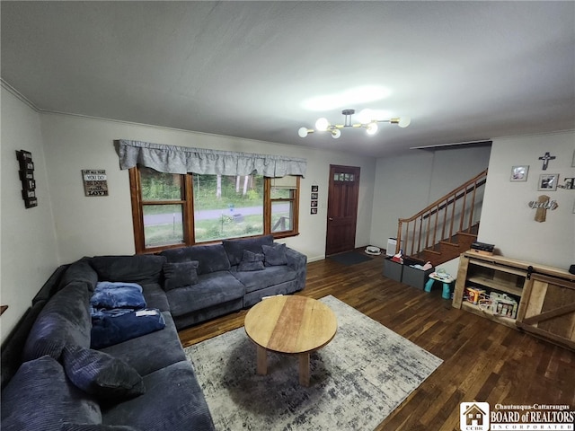 960 Peterson Rd, Carroll, NY 14738 - living room featuring wood finished floors, stairs, and a chandelier