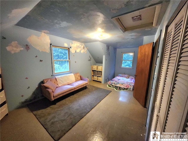 960 Peterson Rd, Carroll, NY 14738 - bedroom featuring tile patterned floors, vaulted ceiling, and attic access