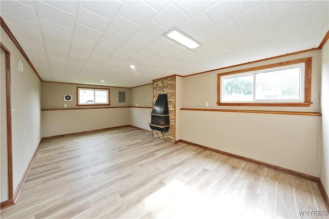 22 Vanderbilt Ave, Cheektowaga, NY 14043 - basement featuring a wood stove, light wood-style floors, and electric panel