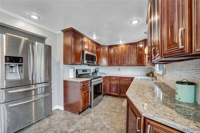 1218 Baseline Rd, Grand Island, NY 14072 - kitchen featuring appliances with stainless steel finishes, light stone countertops, decorative backsplash, and ornamental molding