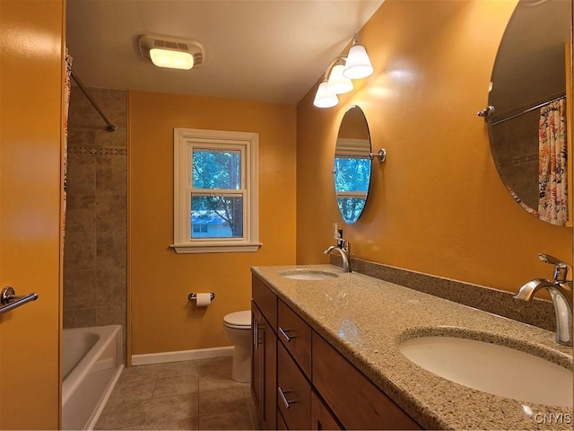 4777 Glencrest Ave, Clay, NY 13088 - bathroom featuring tile patterned floors, double vanity, and shower / bath combo with shower curtain