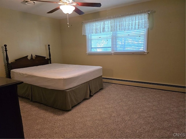 4777 Glencrest Ave, Clay, NY 13088 - bedroom featuring baseboard heating, light colored carpet, and ceiling fan